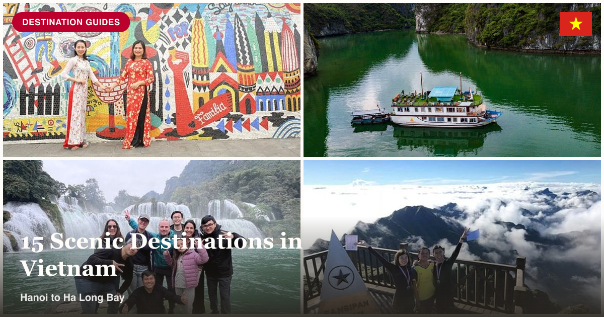 Hanoi Instagram spot, Ha Long Bay, Ban Gioc Waterfall, and Fansipan trekking collage