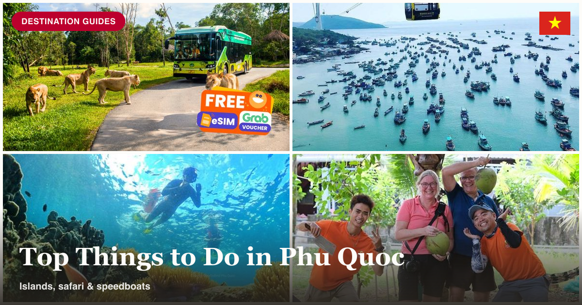 Nha Trang cable car, Phu Quoc speedboat tour, island hopping, and rural cycling collage