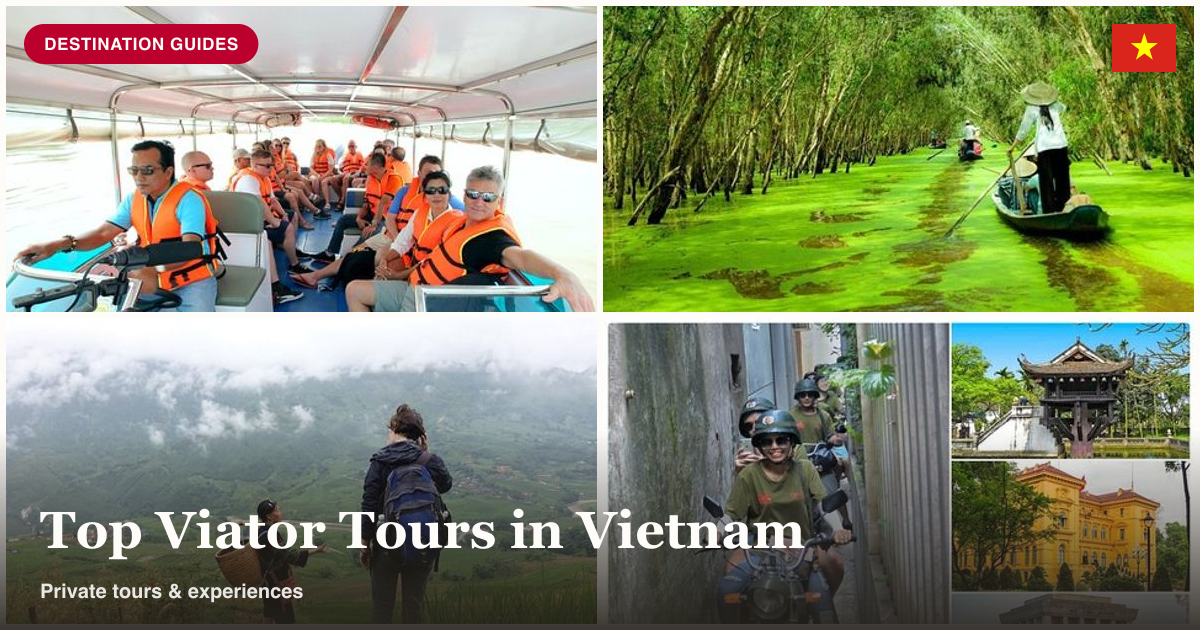 Cu Chi Tunnels speedboat, Mekong Delta tour, Sapa trekking, and Hanoi motorbike tour collage