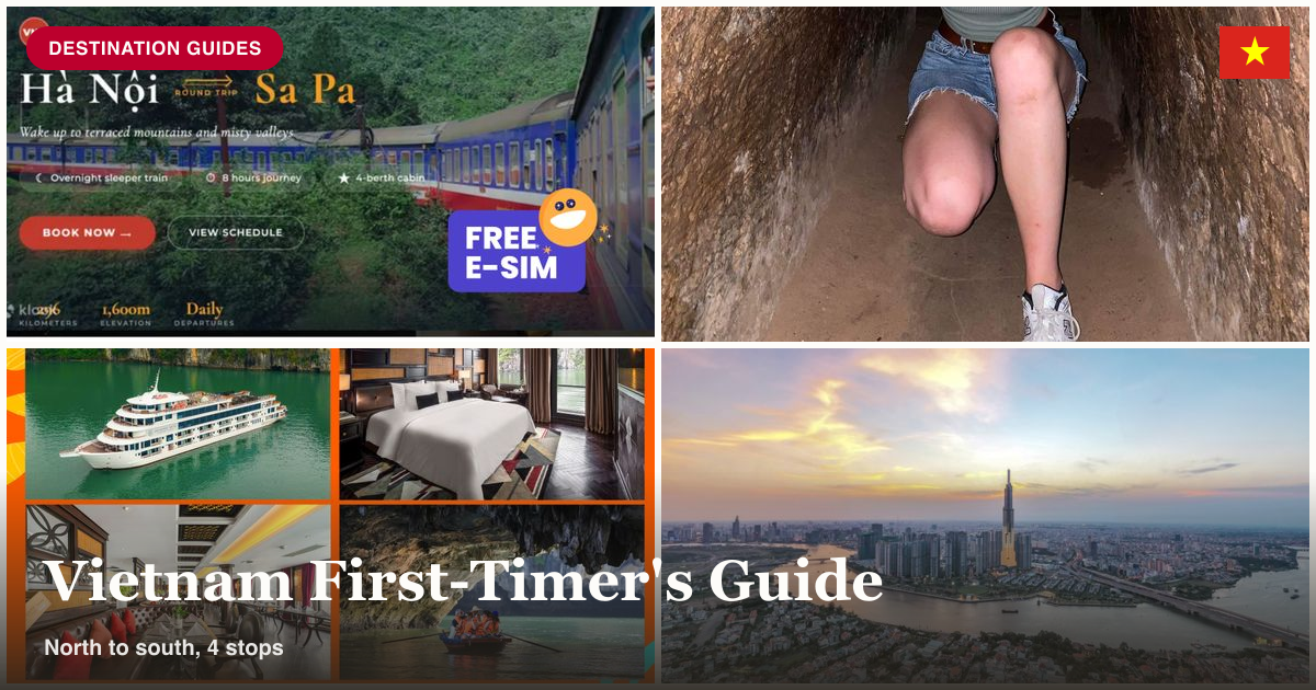 Hanoi to Sapa sleeper train, Cu Chi Tunnels, Ha Long Bay cruise, and Ho Chi Minh City skyline collage